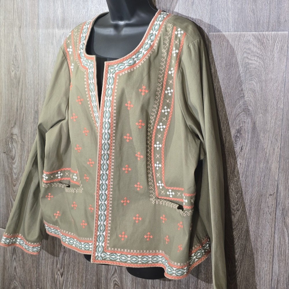 Denim & Co. 3X Olive Green Denim Embroidered Jacket Open Front Western Fall